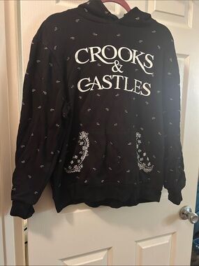 Crooks & Castles Black Hoodie with White Logo & Bandana Print